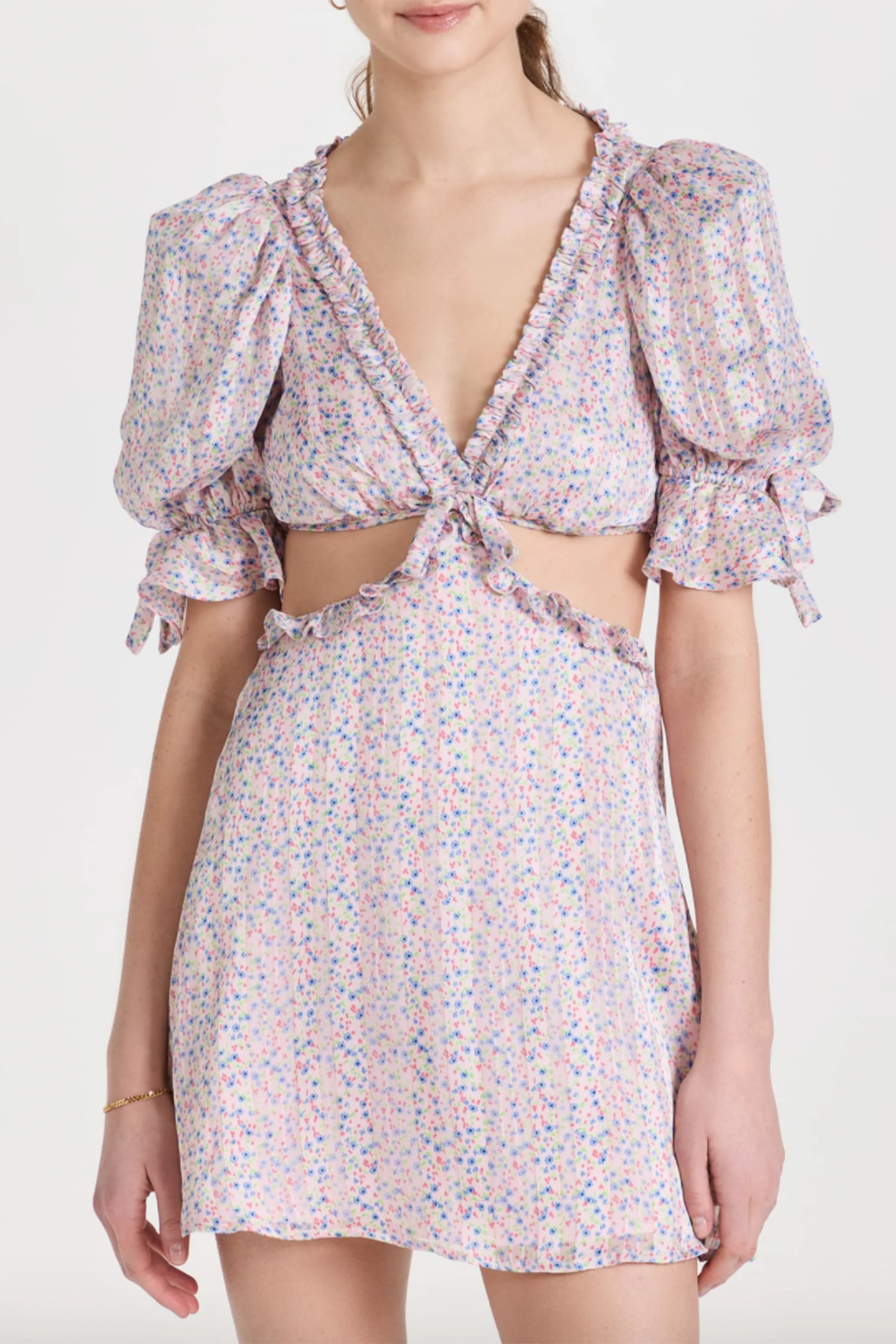 PHOEBE FLORAL-PRINT CUTOUT SATIN CHIFFON MINI DRESS