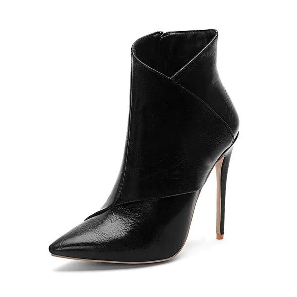 Quality Thin High Heels Faux Leather Zipper Boots Sexy Pointed Toe Black Stiletto Heels Ankle Booties Plus Size 34-45