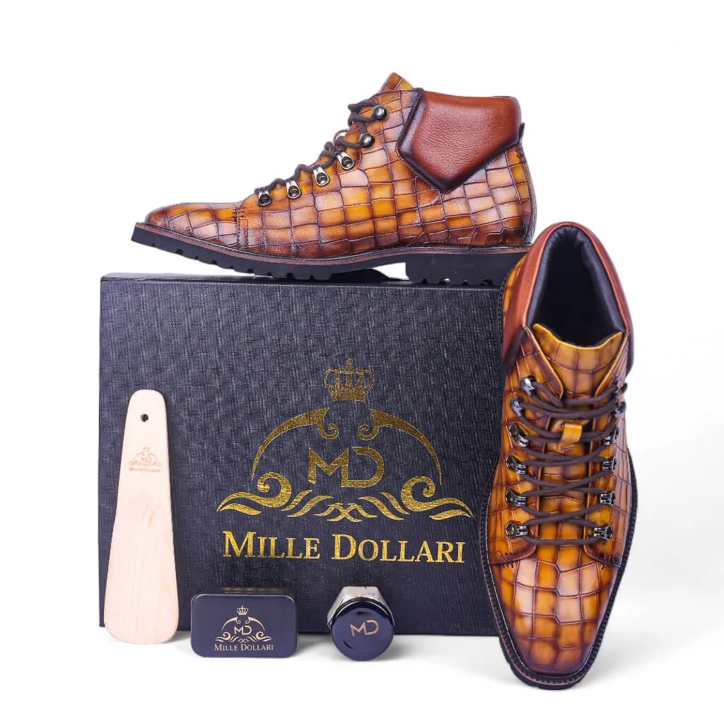 Savoy Chukka Boots in Curry Croco Leather