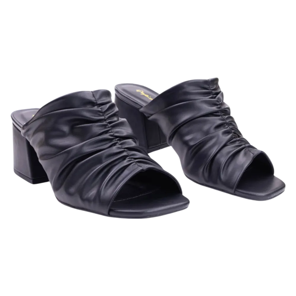 Scrunchy Ruffled Square Toe Heeled Sandals -Black