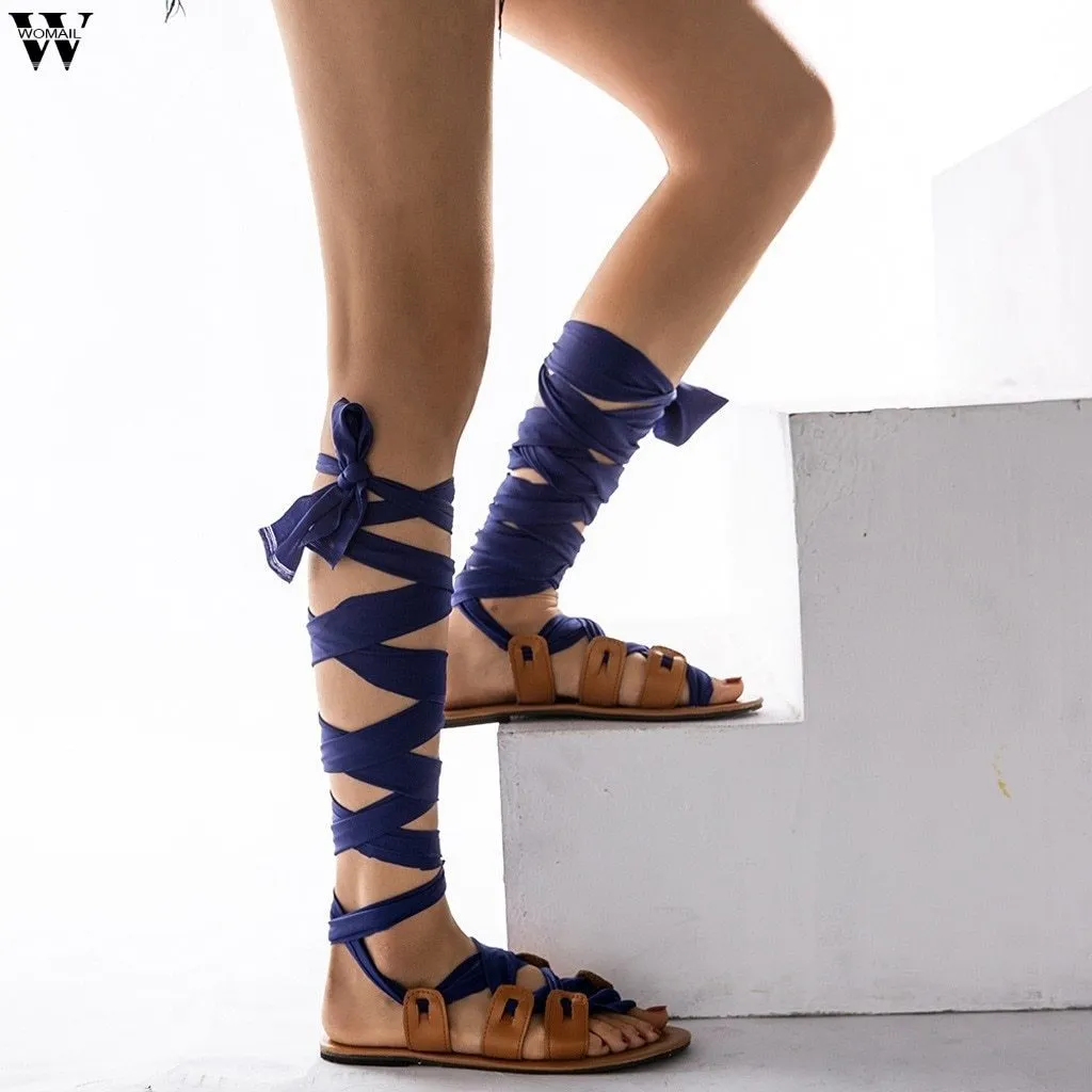 Sexy Rivet Cut-outs Corss Lace Up High Top Women Flat Sandals