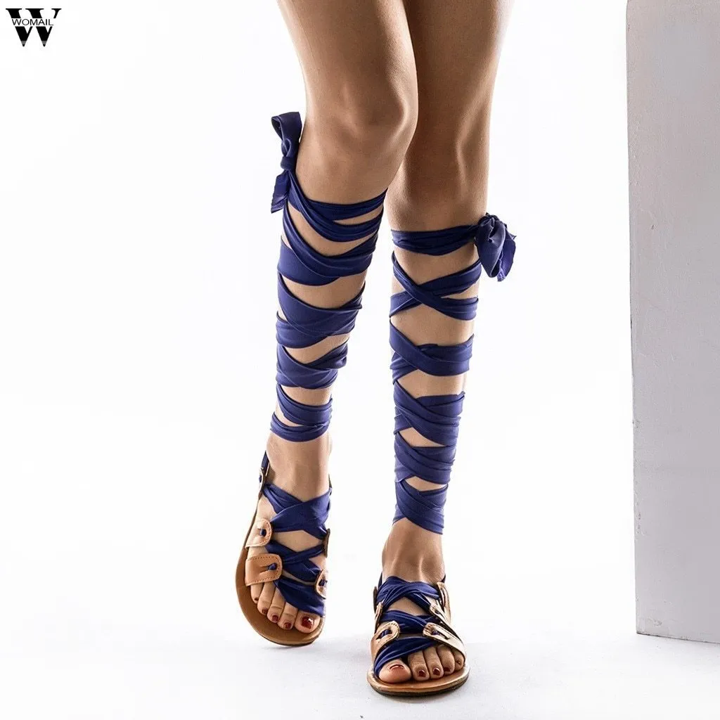 Sexy Rivet Cut-outs Corss Lace Up High Top Women Flat Sandals