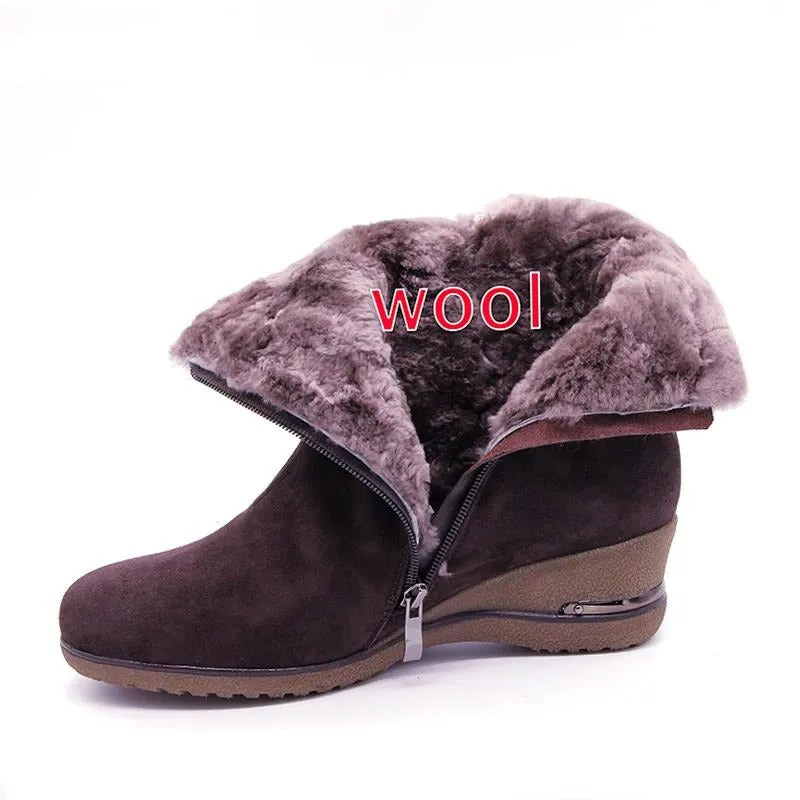 shoes Winter Boots Warm Wool Snow Boots cow Leather Boots Women Shoes  Genuine Leather plus size Wedges Non-slip Women Boots