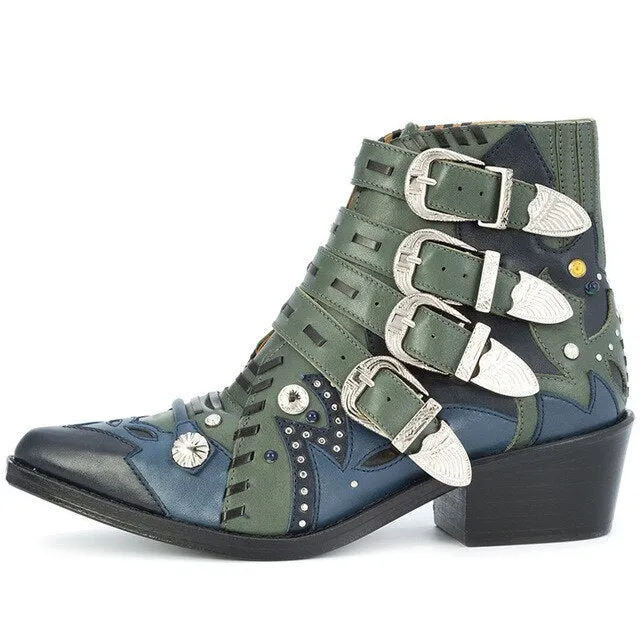 Spring Women Multi-color Leather Patchwork Metal Buckle Ankle Boots Rivets Studs Chunky Heels Motorcycle Boots Ladies Zapatos