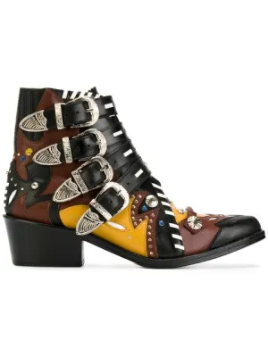 Spring Women Multi-color Leather Patchwork Metal Buckle Ankle Boots Rivets Studs Chunky Heels Motorcycle Boots Ladies Zapatos