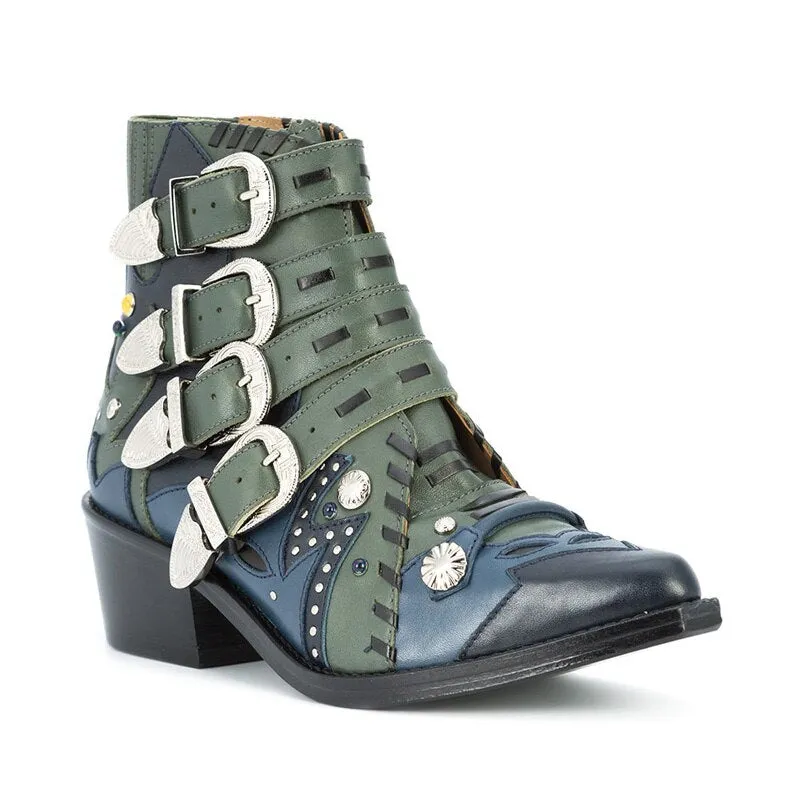 Spring Women Multi-color Leather Patchwork Metal Buckle Ankle Boots Rivets Studs Chunky Heels Motorcycle Boots Ladies Zapatos