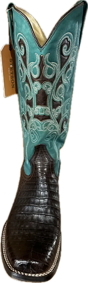 Stetson Women's Square Toe Genuine Brown Caiman Boots with a Green Shaft