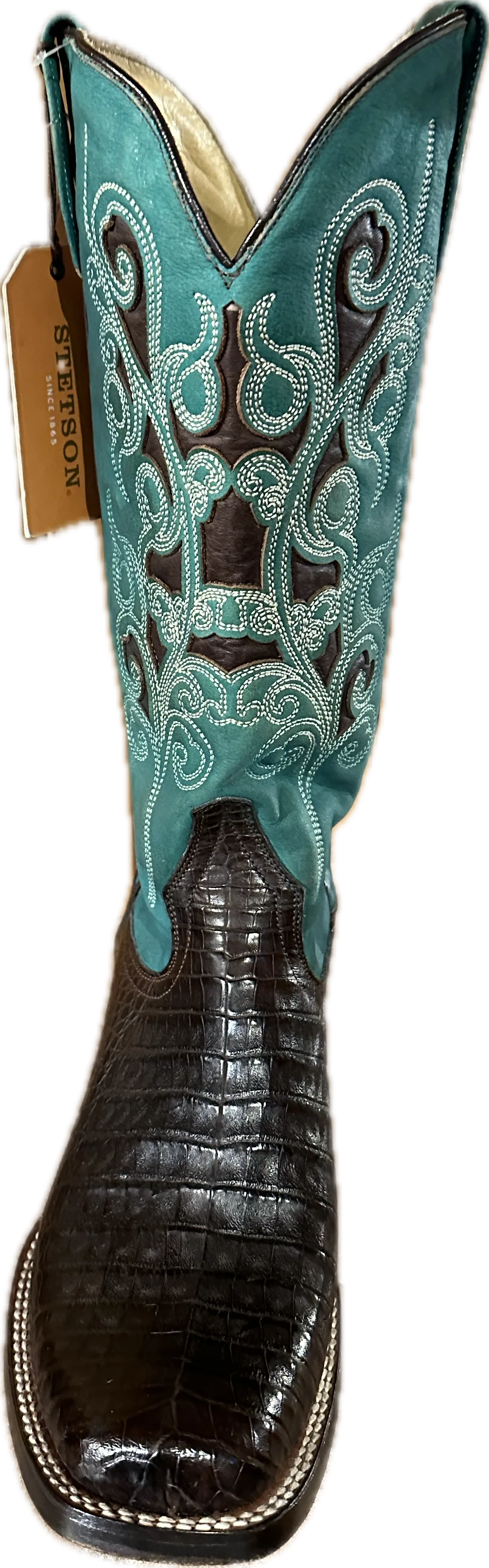 Stetson Women's Square Toe Genuine Brown Caiman Boots with a Green Shaft