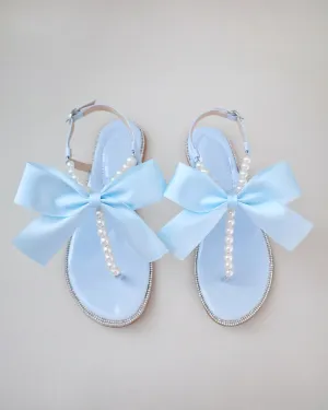 T-Strap Pearls Wedding Flat Sandals with Oversized Bow