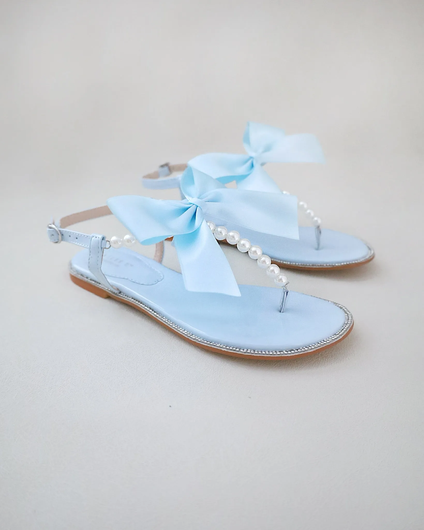T-Strap Pearls Wedding Flat Sandals with Oversized Bow