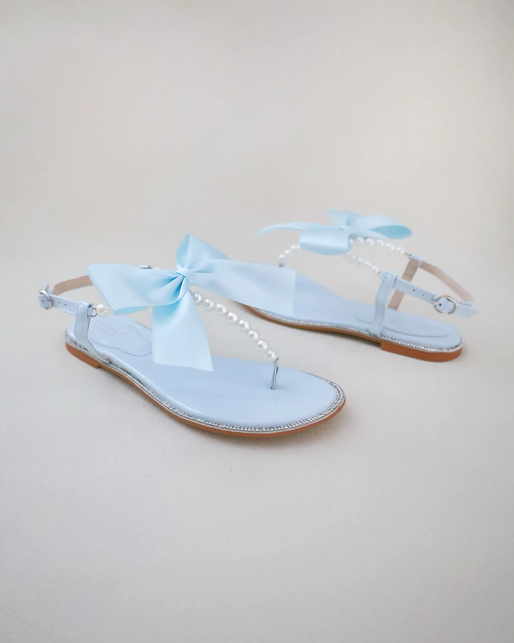 T-Strap Pearls Wedding Flat Sandals with Oversized Bow