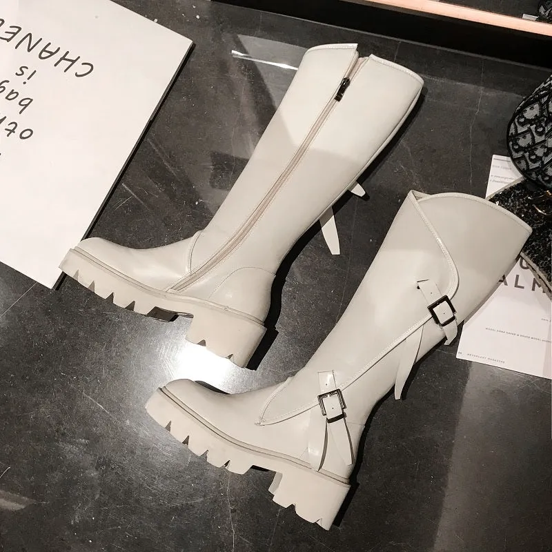 Top quality women long boots knee high white cowhide genuine leather platform punk riding nightclub dancing shoes metal buckle