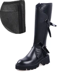 Top quality women long boots knee high white cowhide genuine leather platform punk riding nightclub dancing shoes metal buckle