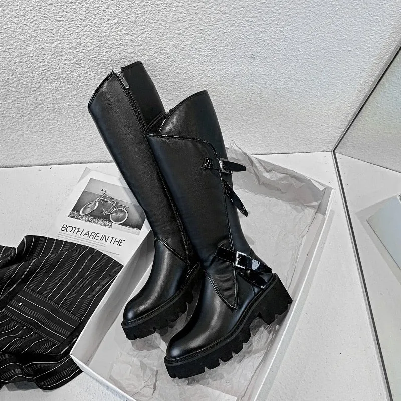 Top quality women long boots knee high white cowhide genuine leather platform punk riding nightclub dancing shoes metal buckle