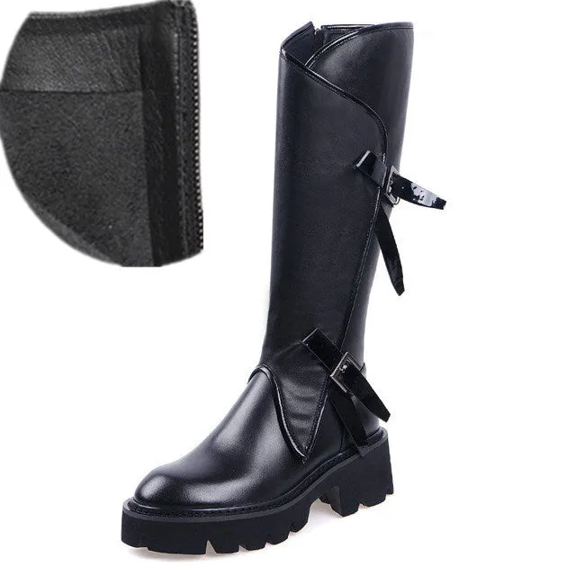 Top quality women long boots knee high white cowhide genuine leather platform punk riding nightclub dancing shoes metal buckle
