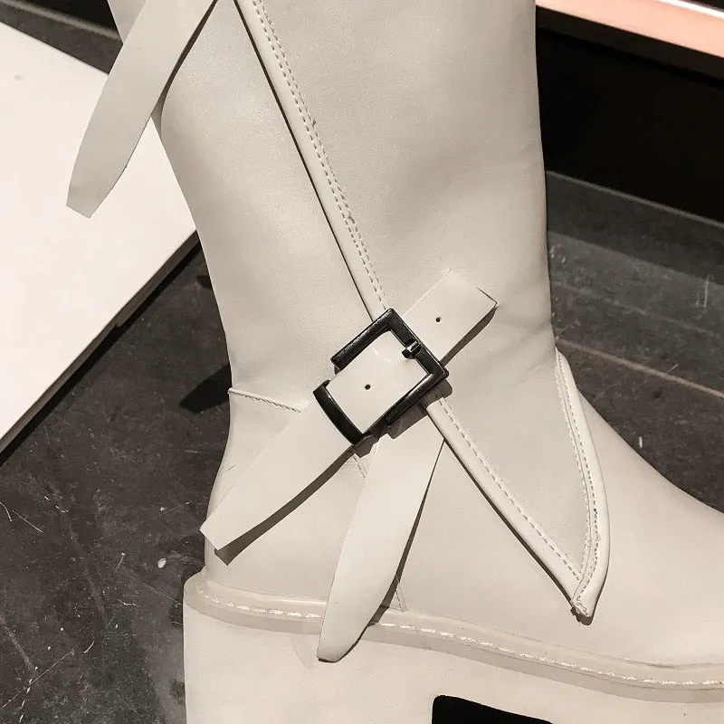 Top quality women long boots knee high white cowhide genuine leather platform punk riding nightclub dancing shoes metal buckle