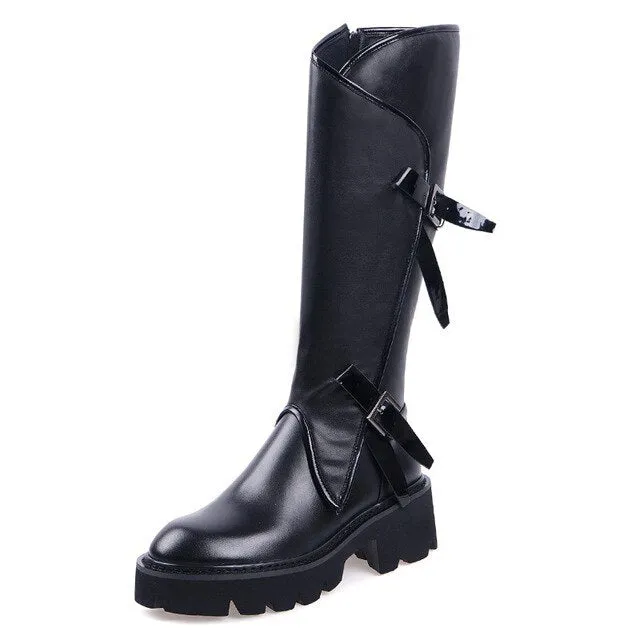 Top quality women long boots knee high white cowhide genuine leather platform punk riding nightclub dancing shoes metal buckle