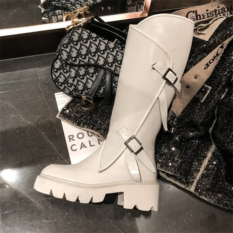 Top quality women long boots knee high white cowhide genuine leather platform punk riding nightclub dancing shoes metal buckle