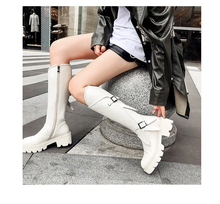 Top quality women long boots knee high white cowhide genuine leather platform punk riding nightclub dancing shoes metal buckle