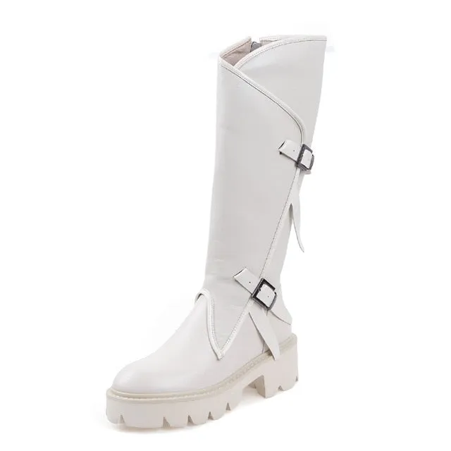 Top quality women long boots knee high white cowhide genuine leather platform punk riding nightclub dancing shoes metal buckle