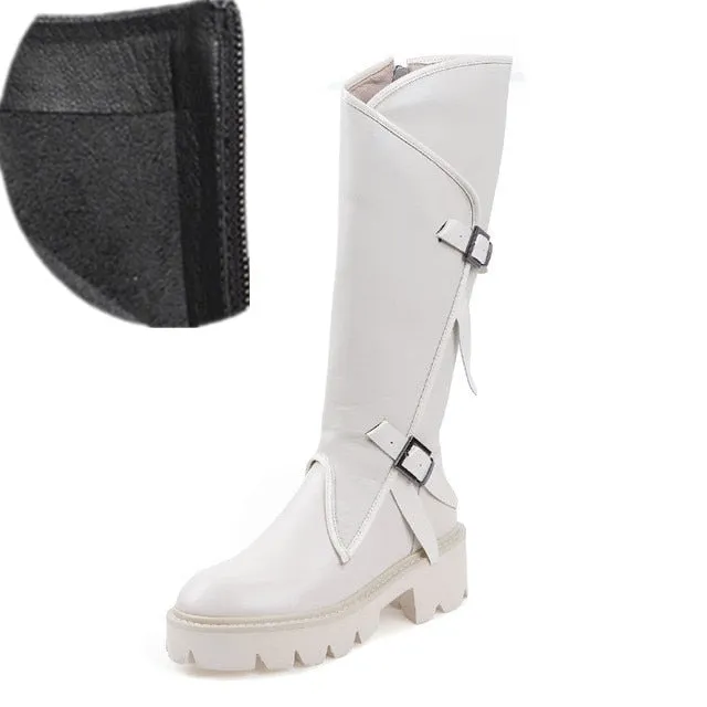 Top quality women long boots knee high white cowhide genuine leather platform punk riding nightclub dancing shoes metal buckle