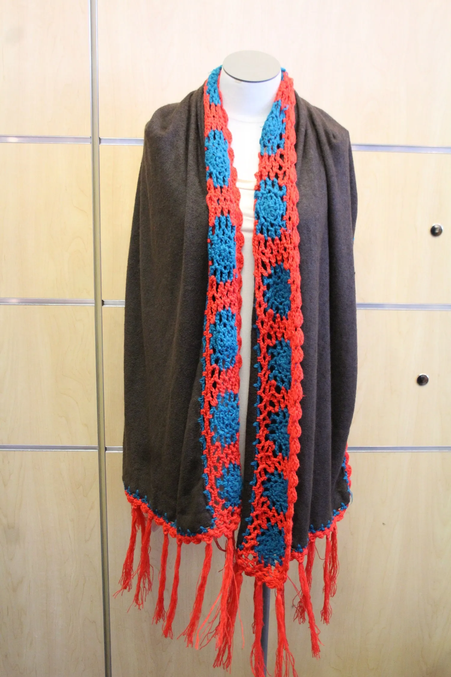 Treska | Wrap Sweater Scarf with Crochet Trim Brown & Red