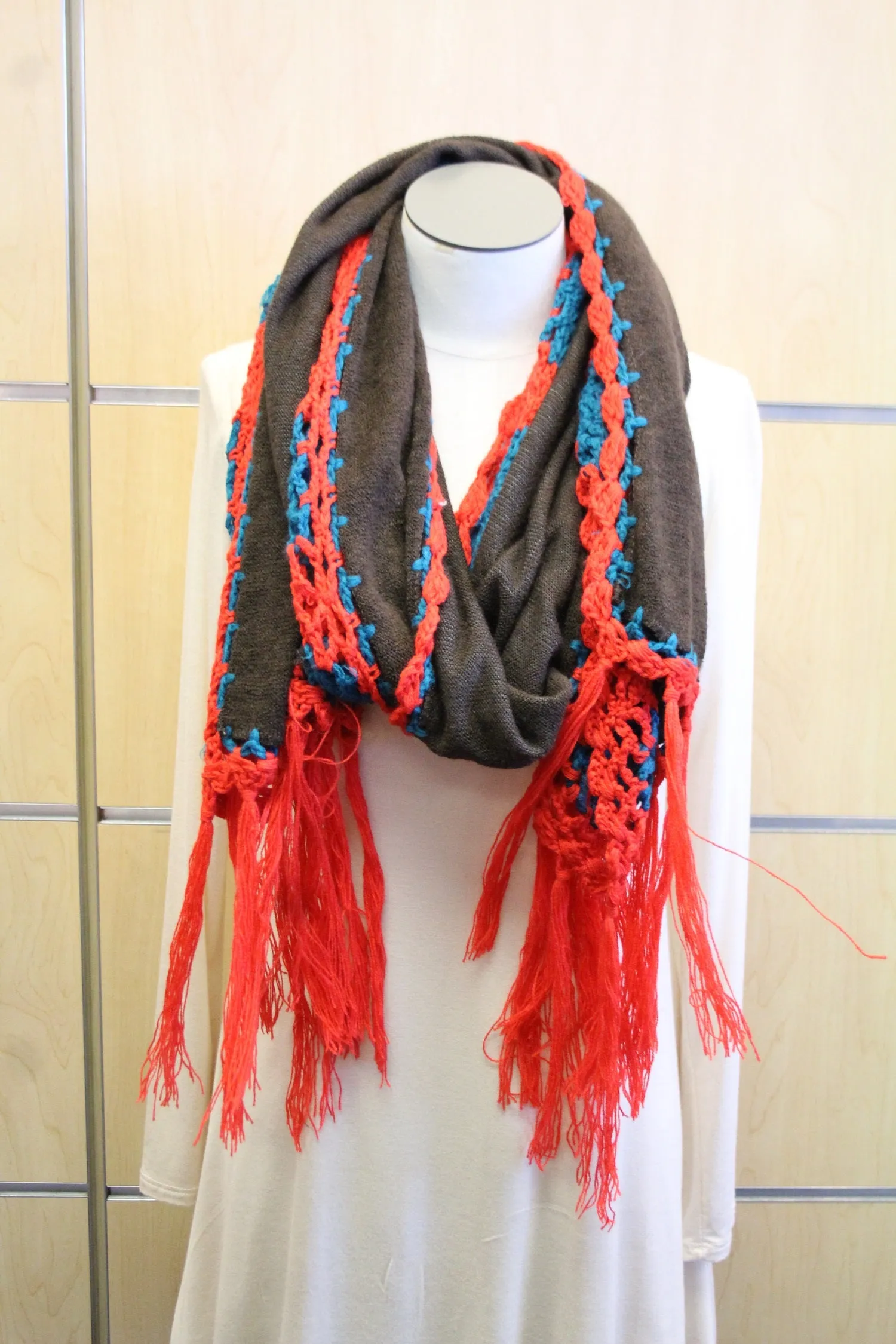 Treska | Wrap Sweater Scarf with Crochet Trim Brown & Red