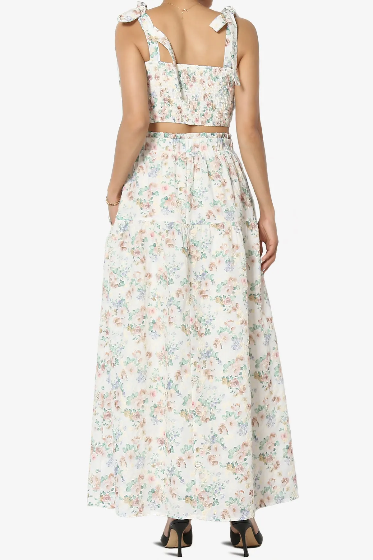 Twice Floral Ruffle Crop Top & A-Line Skirt Set in Taupe