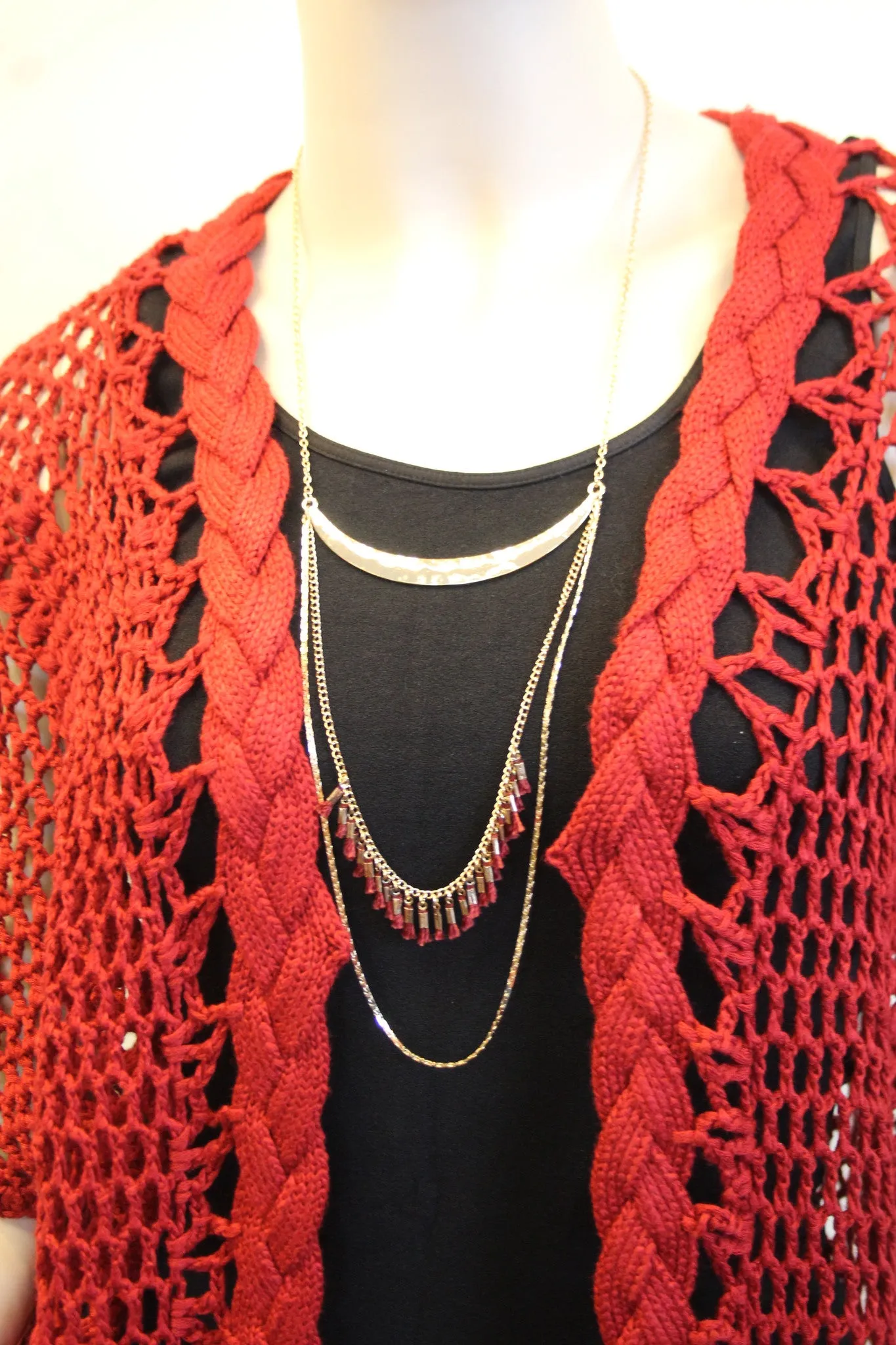 Umgee | Crochet Knit Fringe Kimono Red