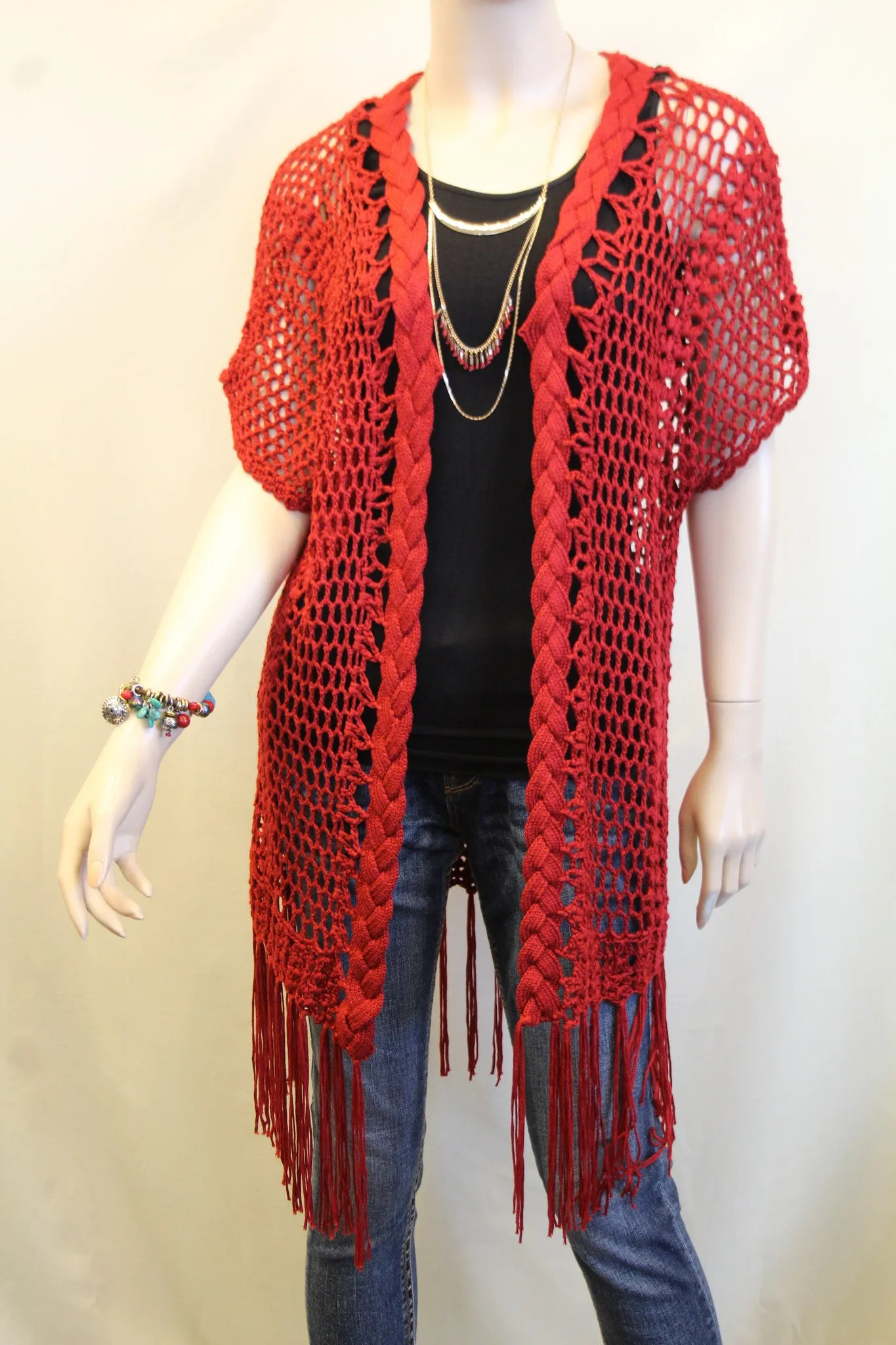 Umgee | Crochet Knit Fringe Kimono Red