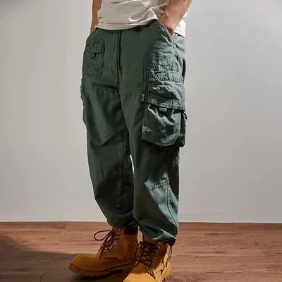 Washed Outdoor Military Style Cargo Pants - Men's Casual Drawstring Multi-Pocket Ankle-Tied Trousers in 98% Cotton
