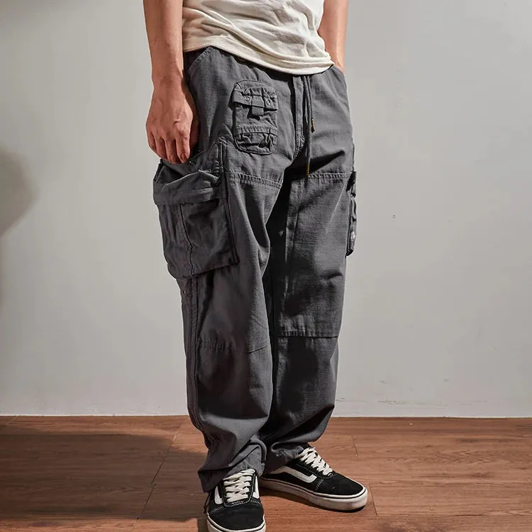 Washed Outdoor Military Style Cargo Pants - Men's Casual Drawstring Multi-Pocket Ankle-Tied Trousers in 98% Cotton
