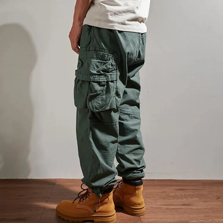 Washed Outdoor Military Style Cargo Pants - Men's Casual Drawstring Multi-Pocket Ankle-Tied Trousers in 98% Cotton