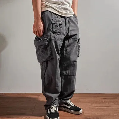 Washed Outdoor Military Style Cargo Pants - Men's Casual Drawstring Multi-Pocket Ankle-Tied Trousers in 98% Cotton