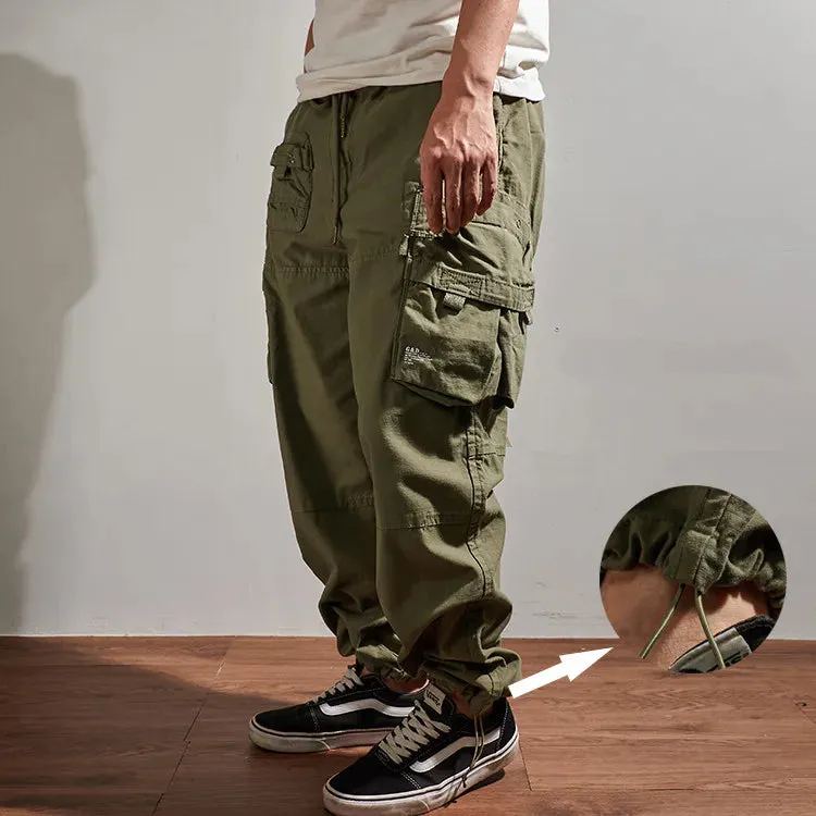 Washed Outdoor Military Style Cargo Pants - Men's Casual Drawstring Multi-Pocket Ankle-Tied Trousers in 98% Cotton