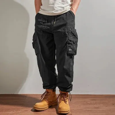Washed Outdoor Military Style Cargo Pants - Men's Casual Drawstring Multi-Pocket Ankle-Tied Trousers in 98% Cotton