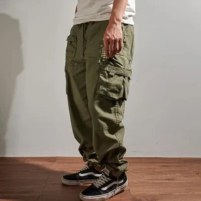 Washed Outdoor Military Style Cargo Pants - Men's Casual Drawstring Multi-Pocket Ankle-Tied Trousers in 98% Cotton