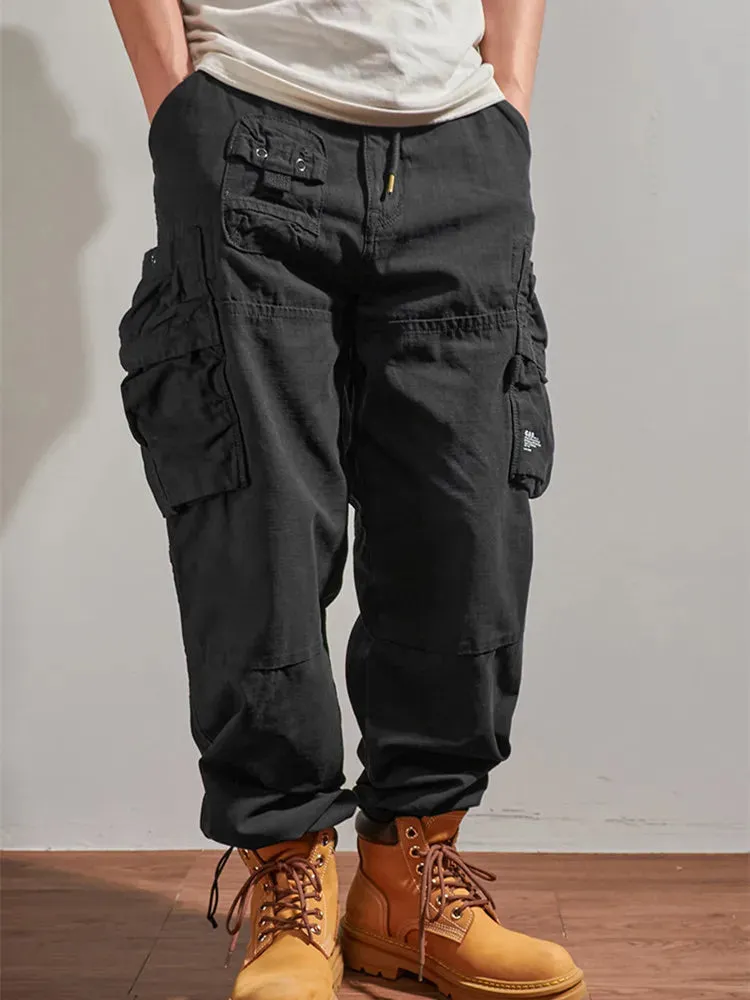 Washed Outdoor Military Style Cargo Pants - Men's Casual Drawstring Multi-Pocket Ankle-Tied Trousers in 98% Cotton