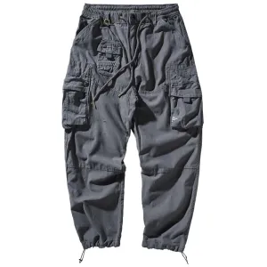 Washed Outdoor Military Style Cargo Pants - Men's Casual Drawstring Multi-Pocket Ankle-Tied Trousers in 98% Cotton