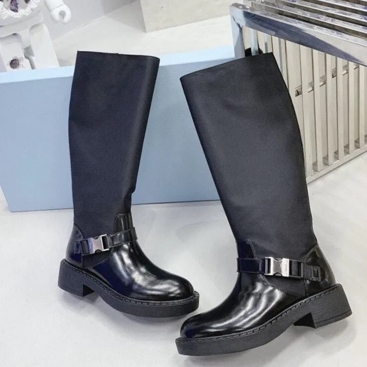 Women Black Buckle Strap Motorcycle Boots Round Toe