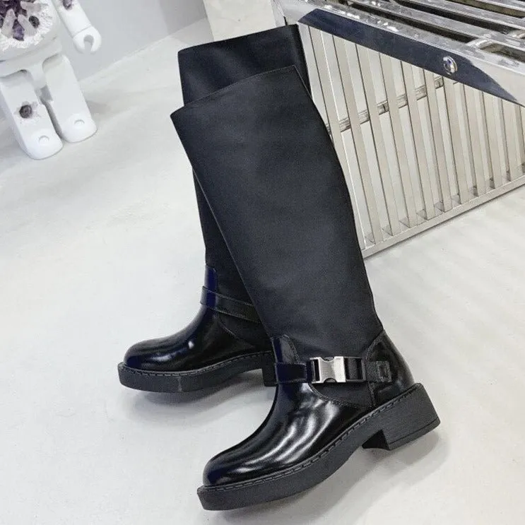 Women Black Buckle Strap Motorcycle Boots Round Toe