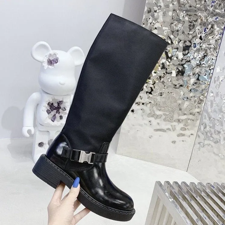 Women Black Buckle Strap Motorcycle Boots Round Toe