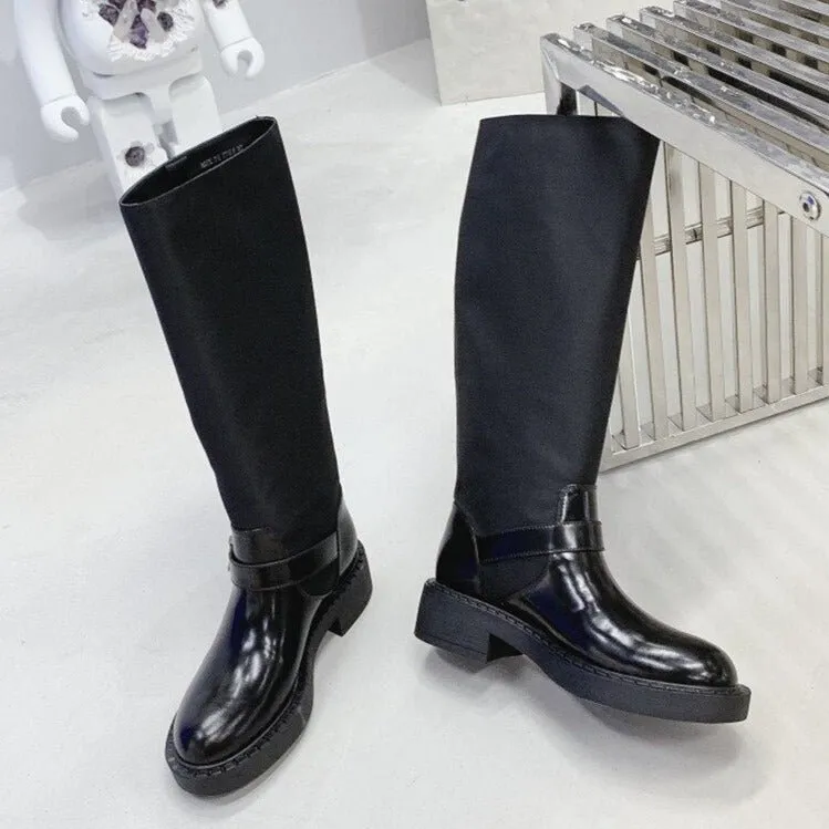 Women Black Buckle Strap Motorcycle Boots Round Toe