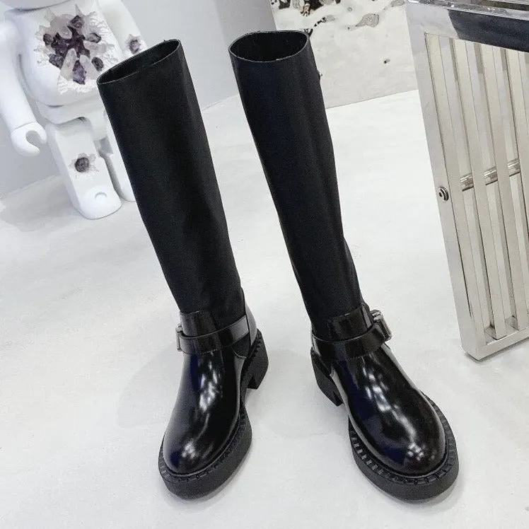 Women Black Buckle Strap Motorcycle Boots Round Toe