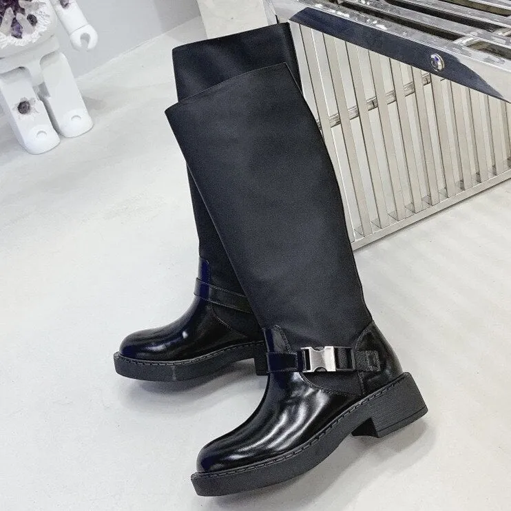 Women Black Buckle Strap Motorcycle Boots Round Toe