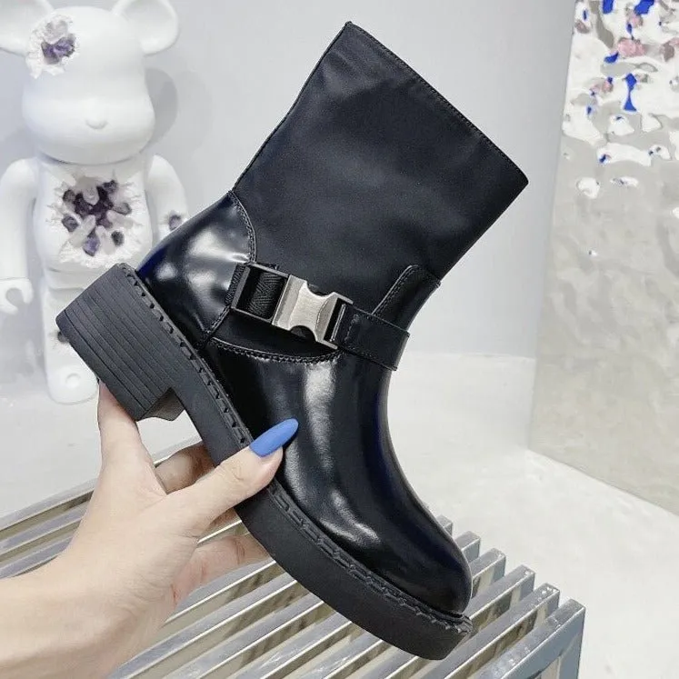 Women Black Buckle Strap Motorcycle Boots Round Toe