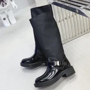 Women Black Buckle Strap Motorcycle Boots Round Toe