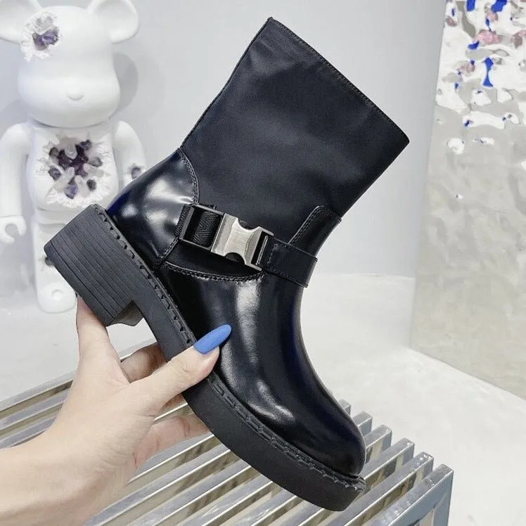 Women Black Buckle Strap Motorcycle Boots Round Toe