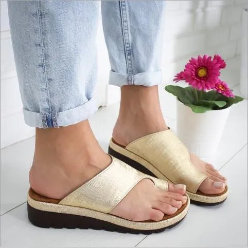 Women Comfy Platform Sandal Shoes Feet Correct Thickened Street PU Leather Dating Shopping Flat Sole Women Sandal