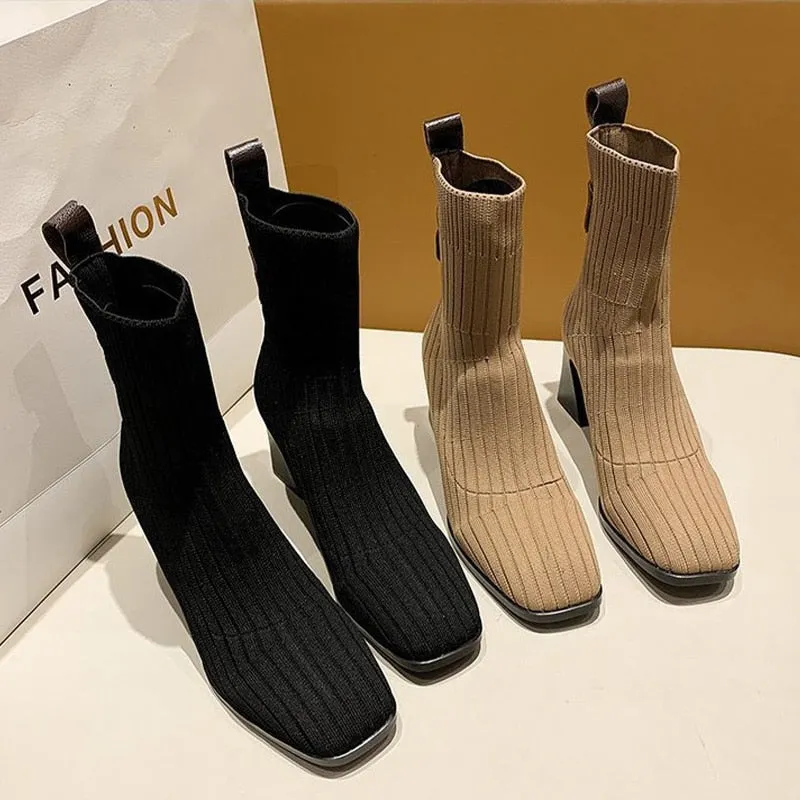 Women Knitted Ankle Boots Square Heel